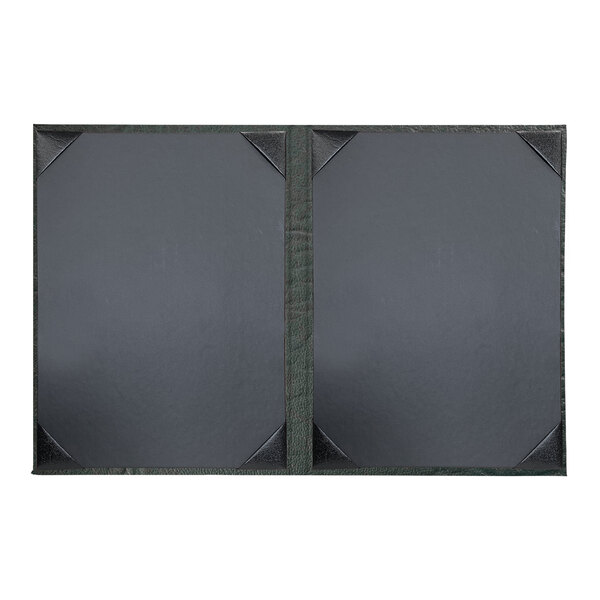 A black rectangular menu cover with two black panels and black corners.