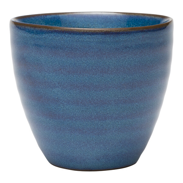 A Libbey blue terracotta bouillon bowl with a black rim.