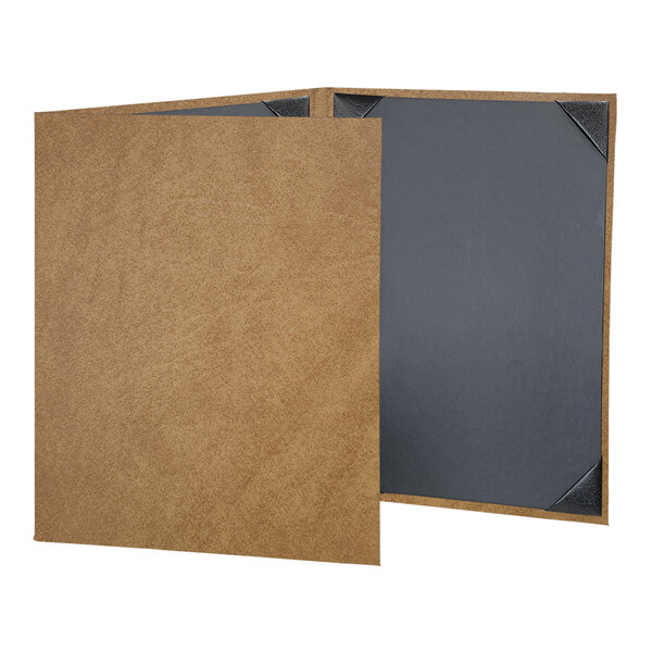 A brown menu cover with black corners.
