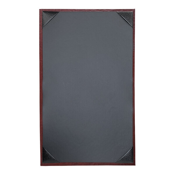 A rectangular black menu cover with a grey board and red trim.