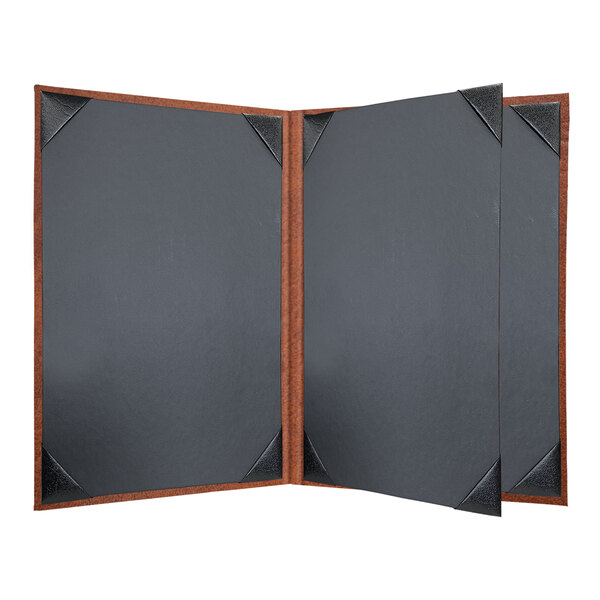 A black menu cover with brown corners.