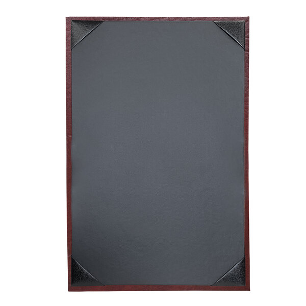 A black menu cover with a red border and a grey surface with a black and red rectangular object inside.