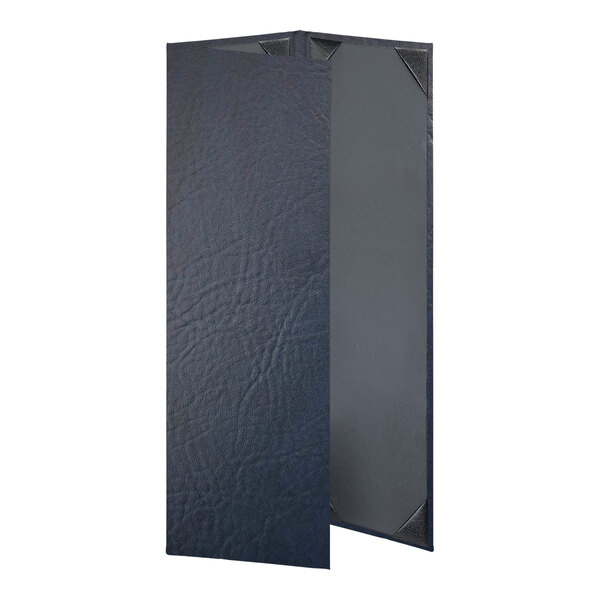 A navy blue leather menu cover with 3 views.