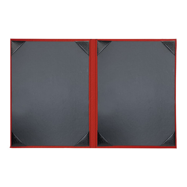 A black and red folder with a red border containing two red rectangular menu covers.