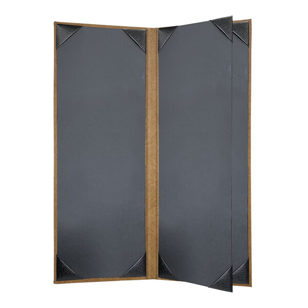 A black menu cover with a grey wooden edge.