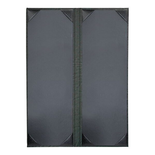 A black rectangular menu cover with a green border and two panels.