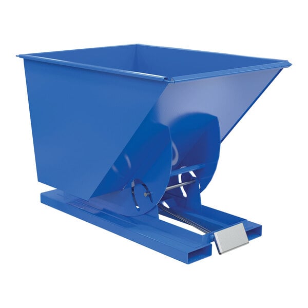 A blue metal Vestil forklift hopper with a metal handle.
