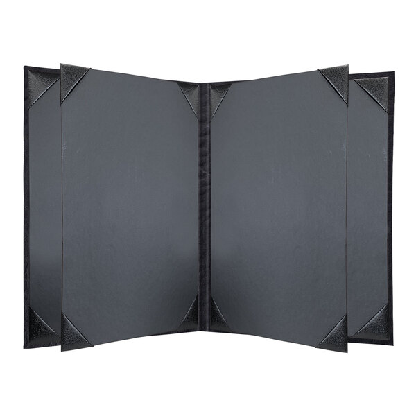 A black menu cover with a black border and black corners with six open views.
