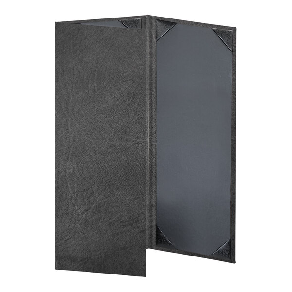 A black leather menu cover with a black border and three open pages.