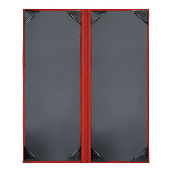 A grey rectangular menu cover with a red border and two red rectangular menu books with black covers.