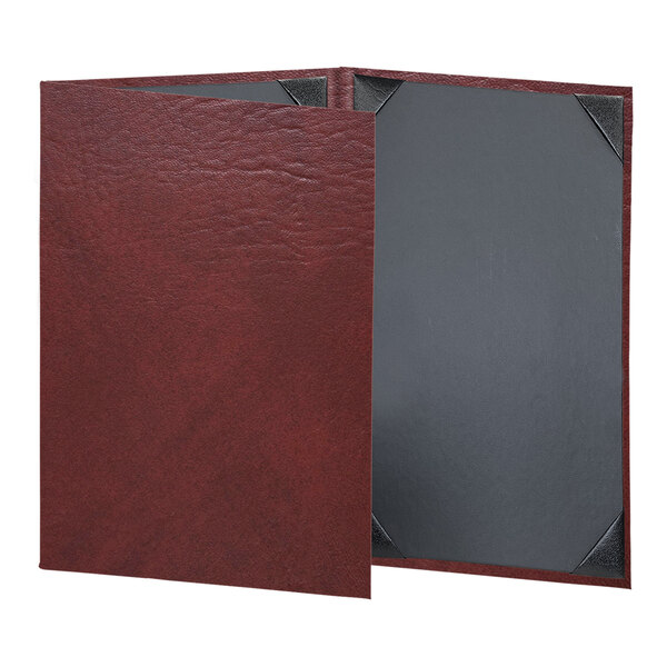 A red leather menu cover with black corners.