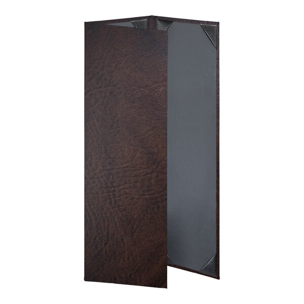 A brown leather rectangular menu cover with a grey border.