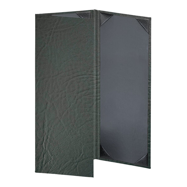 A black rectangular menu cover with a green border and 3 open pages.