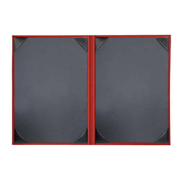 A red rectangular menu cover with black corners and borders.