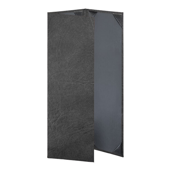 A black rectangular leather menu cover with a grey border.