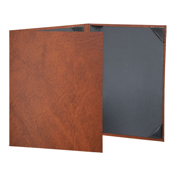 A brown and black customizable menu cover with 3 views.