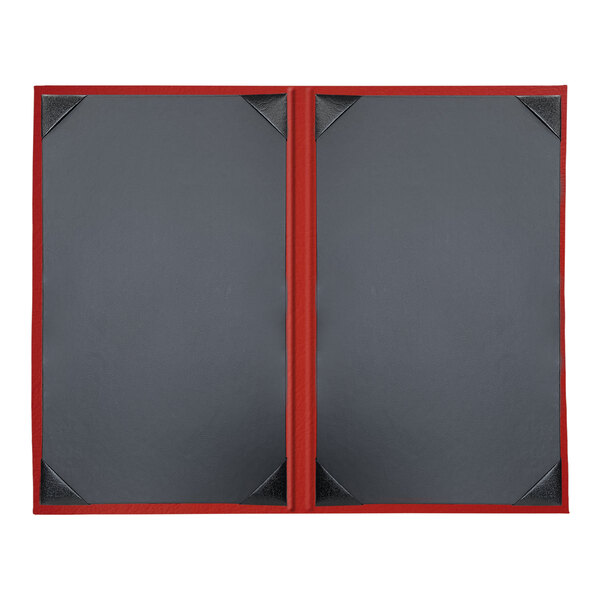 A red menu cover with black edges and two views.