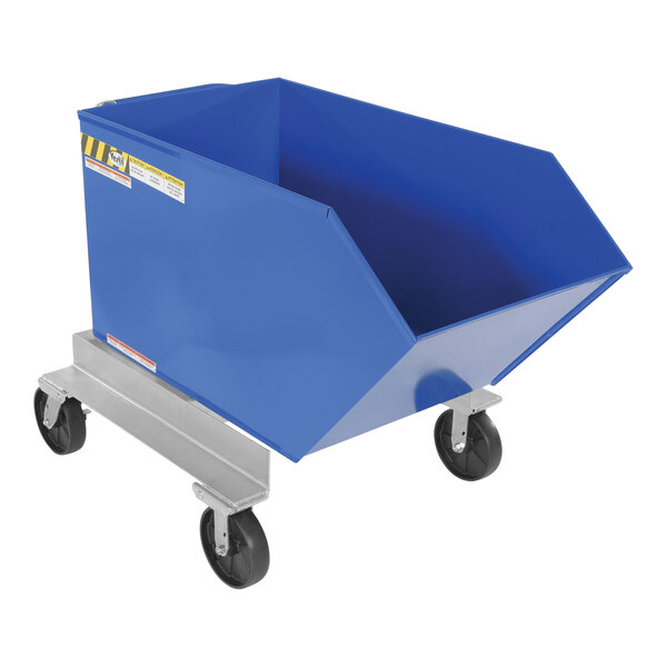 A blue metal cart with black wheels.