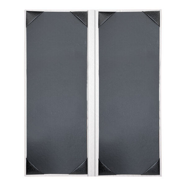 A white rectangular menu cover with black trim and two views.
