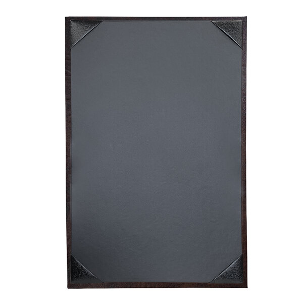 A black rectangular menu cover with a wooden border.