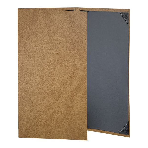 A brown menu cover with a grey cover and wooden frame.
