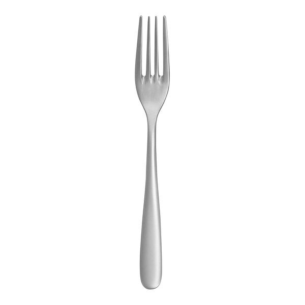A close-up of a silver Fortessa Grand City salad/dessert fork with a white background.