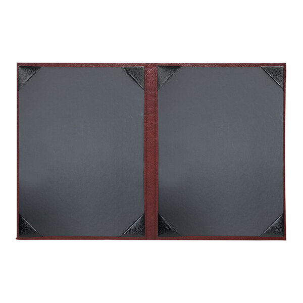 A grey rectangular menu cover with black and red corners and a red stripe.