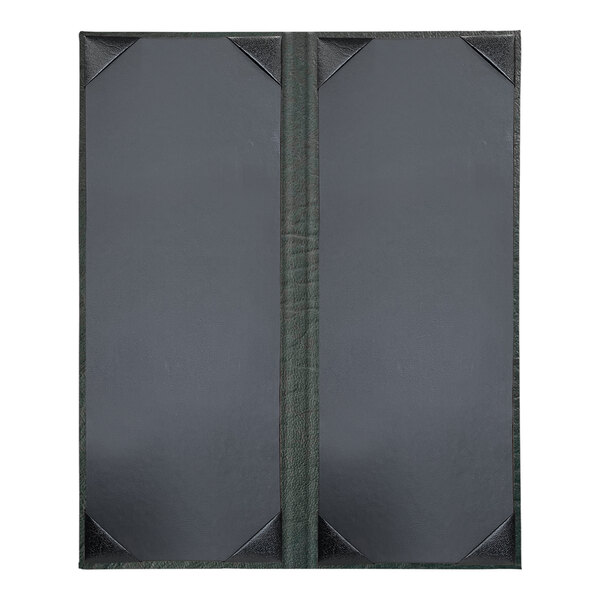 A green rectangular menu cover with black corners and border.