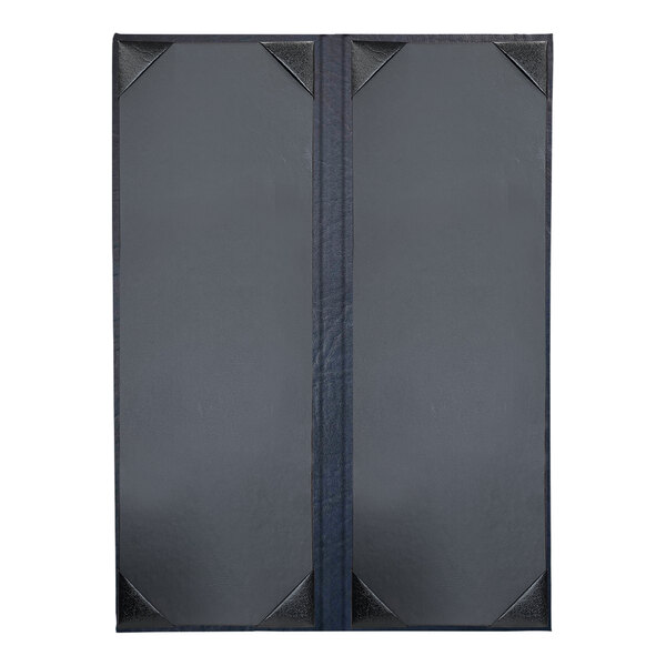 A navy rectangular menu cover with a black border and two views.