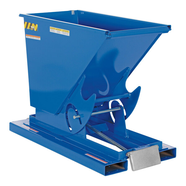 A blue metal Vestil self-dumping hopper with a metal handle.