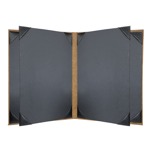 A black rectangular menu cover with brown corners and 6 open pages.