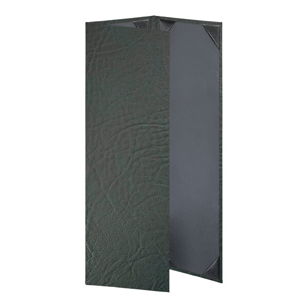 A green rectangular leather menu cover.
