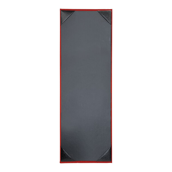A rectangular black menu cover with red edges.