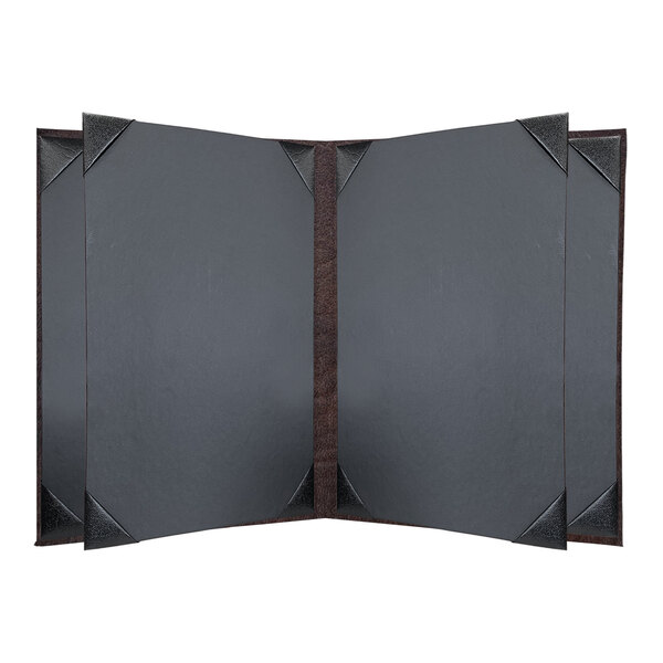 A brown rectangular menu cover with black leather corners and a black border.