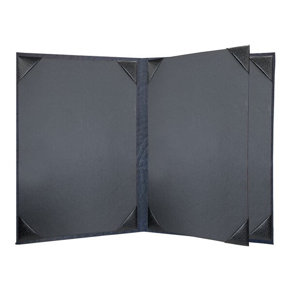 A grey rectangular menu cover with black corners and a black border on the inside.