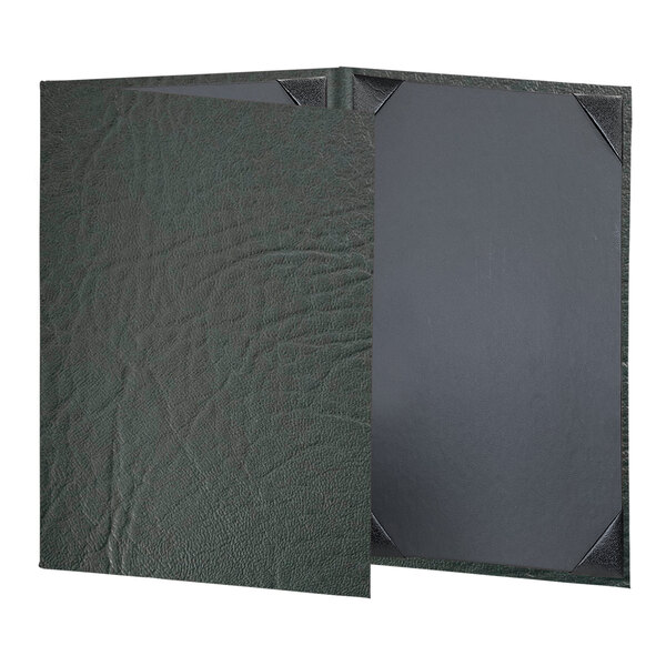 A green rectangular menu cover with black pages.