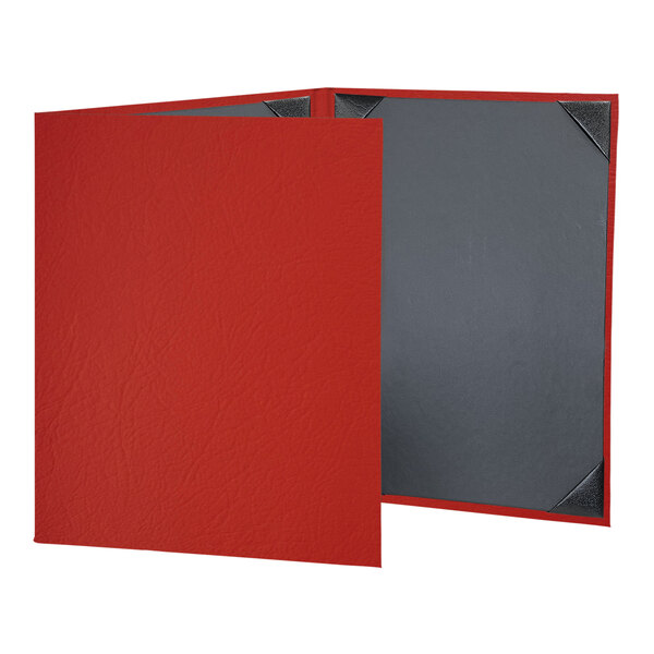 A red menu cover with a grey border and grey pages.