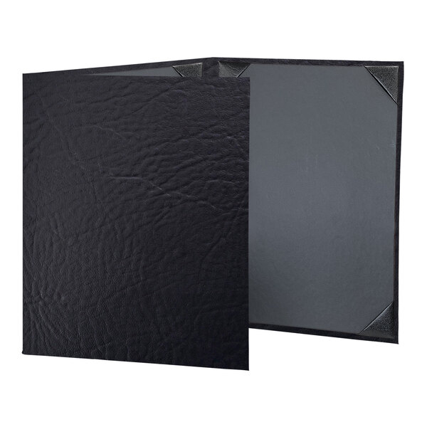 A black rectangular leather menu cover with black corners.