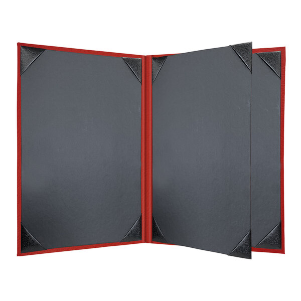 A black menu cover with red corners and border.