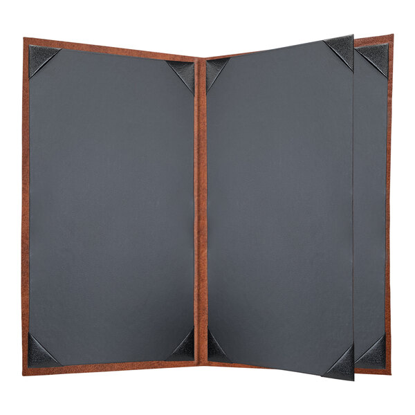 A black menu cover with wooden corners.