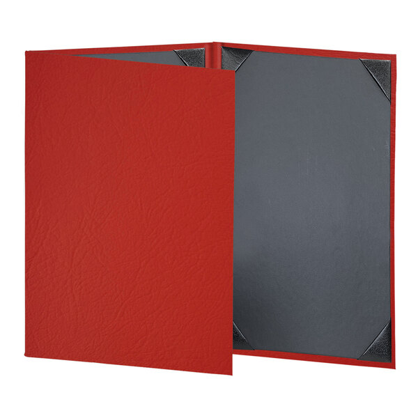 A red leather H. Risch, Inc. menu cover with grey pages.