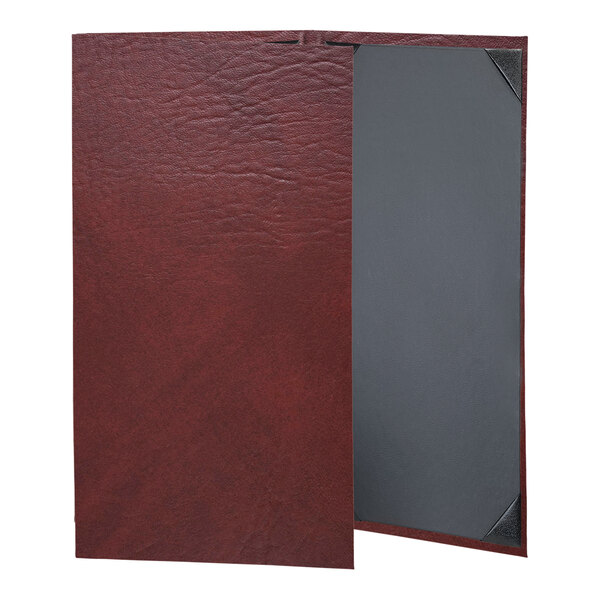 A grey rectangular menu cover with a red leather border and black corners.