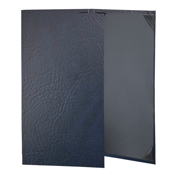 A navy blue H. Risch, Inc. menu cover with a black leather border.