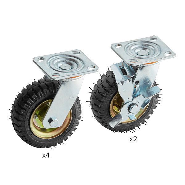A pair of metal wheels with black rubber tires.