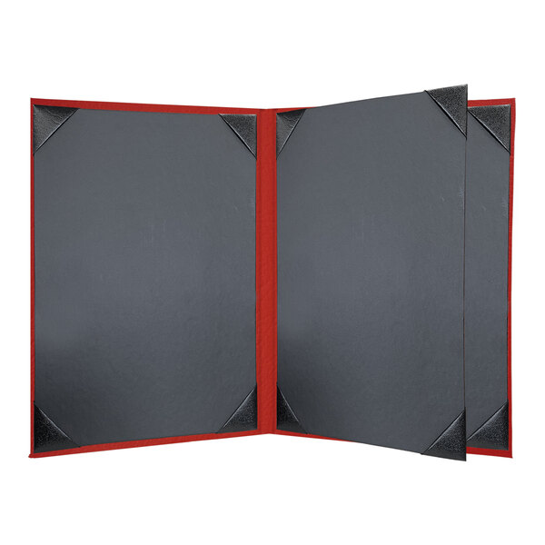A grey rectangular menu cover with a red border and black corners.