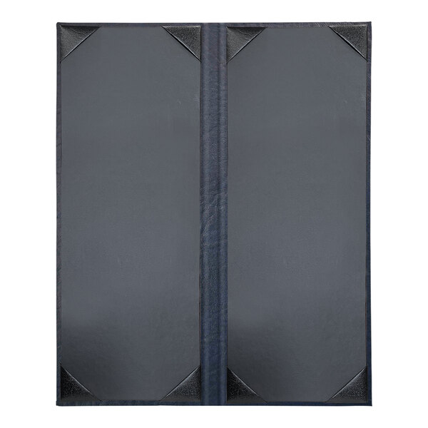 A black rectangular menu cover with a black border and two navy fabric pages.