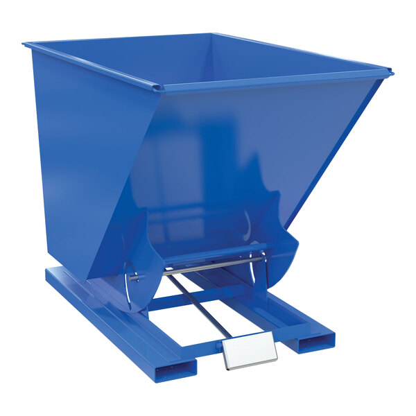 A blue Vestil self-dumping steel hopper on a white background.