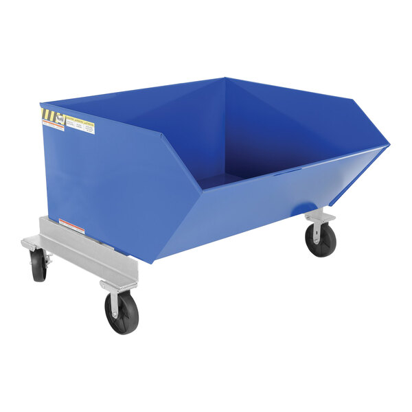 A blue steel container with wheels.