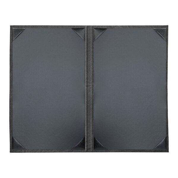 A grey rectangular menu cover with black borders and two open black pages.