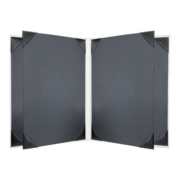 A white rectangular menu cover with black corners and a black border.